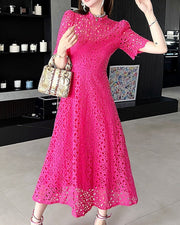 High Quality Three Quarter Sleeve Embroidered Fuchsia Long Elegant Midi Dress