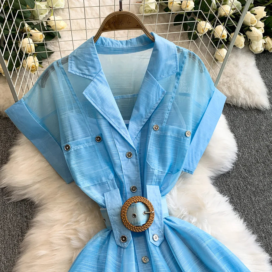 Summer Women Printed Long Dress Beach Vacation Notched Collar Single Breasted Short Sleeve A-Line Maxi Vestidos Female Robe