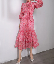 Silk Blending Printing Dress Women Spring Half High Collar with Scarf Belt Sliming Vestidos Party Vacation Fashion