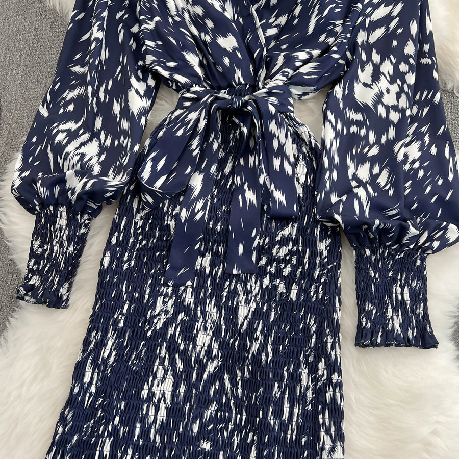 Retro Sweet V Neck Slim Lace -up Print Autumn Summer Elegant Elastic Dress A-line Long Sleeve Vacation Women Mermaid Dresses