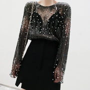 High Quality Round Neck Beaded Sexy Perspective Mesh Spliced T-shirts