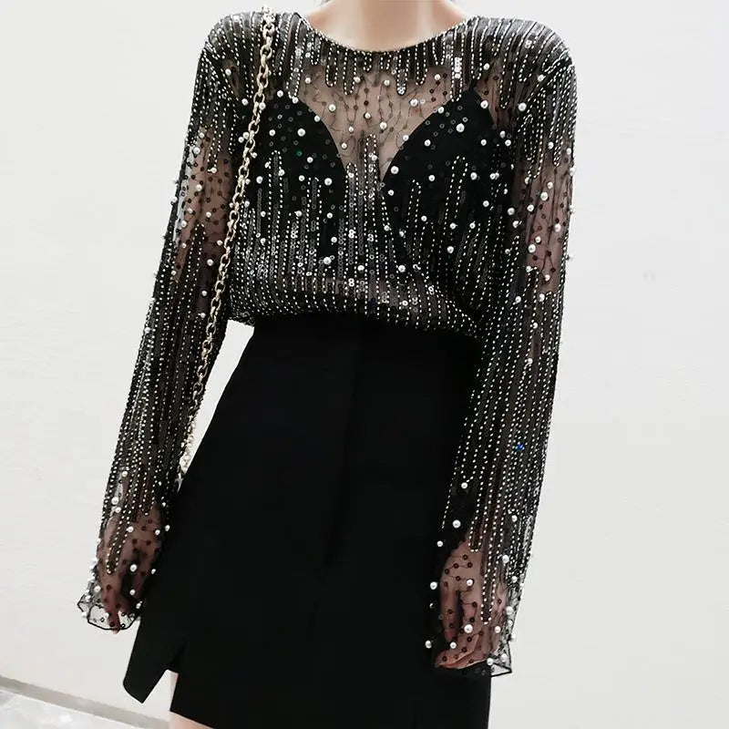 High Quality Round Neck Beaded Sexy Perspective Mesh Spliced T-shirts
