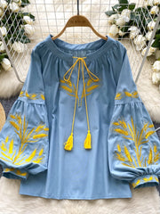 Retro Ethnic Heavy Embroidery Belted round Ne Lantern Sve irt Women Loose Casual Top Faionable Base irt