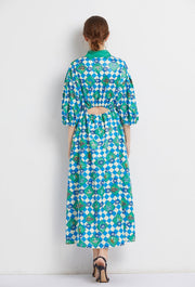 High Quality Three Quarter Sleeve Square Print Long Dress