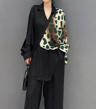 High Quality Black Patchwork V Neck Blouse And Wide Leg Pants Two Piece Sets