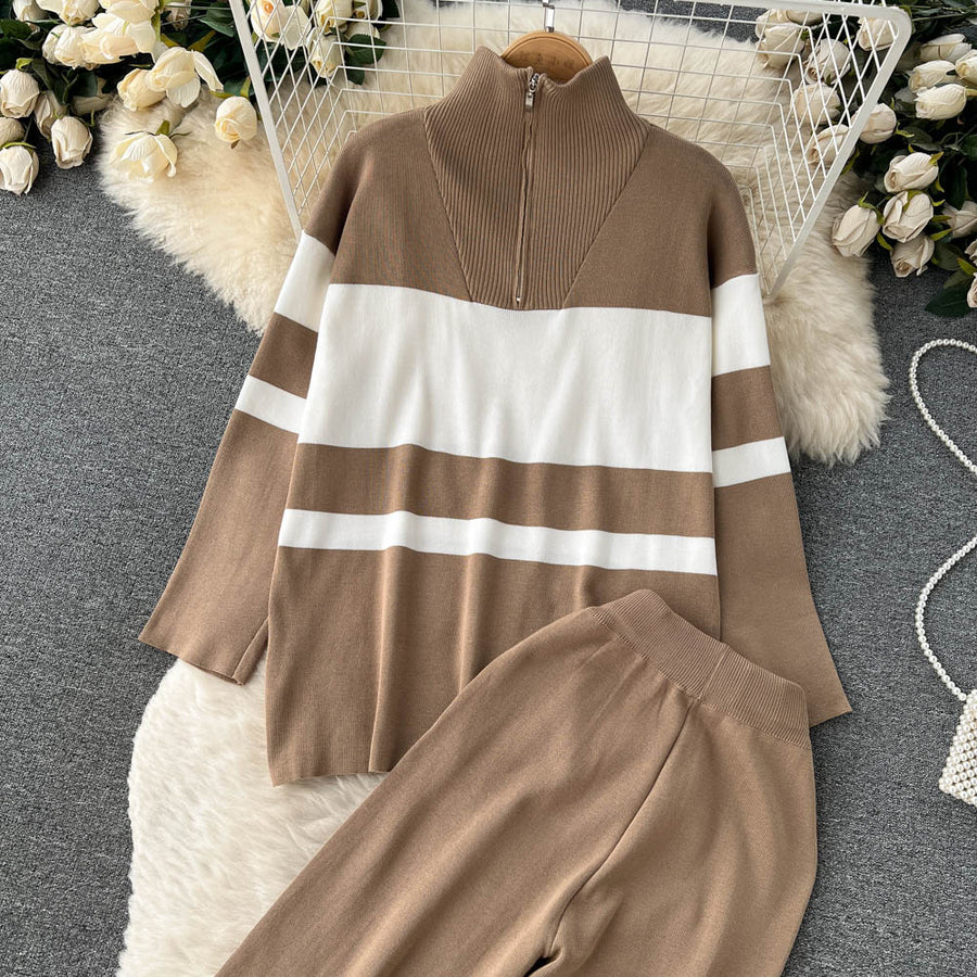 High Quality Striped Zipper Long Sleeve+Wide Leg Pant Two Piece Set