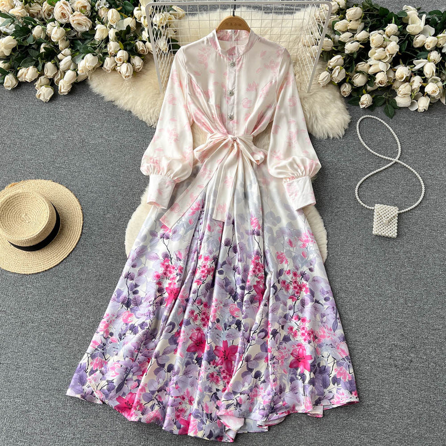 High Quality Satin Belted Floral Print Lantern Sleeve Dress