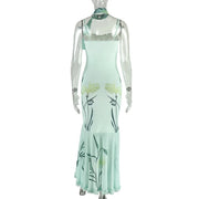 Women's Leaf Print Ruched Maxi Dress with Scarf