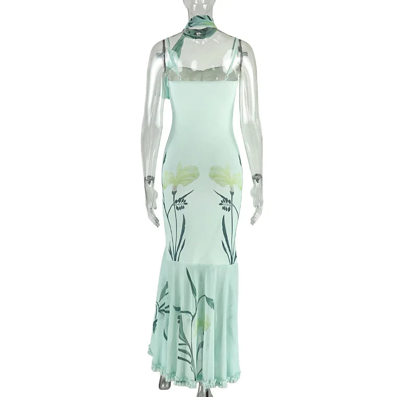 Women's Leaf Print Ruched Maxi Dress with Scarf