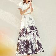 High quality slim fit elegant retro printed V-neck long dress