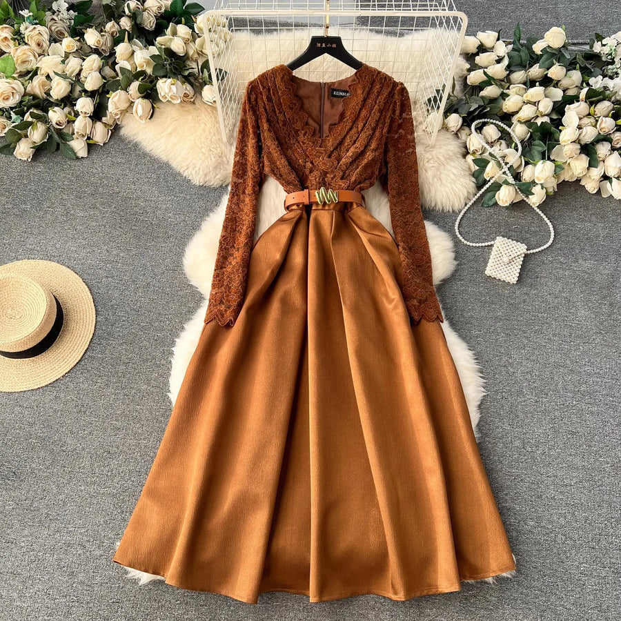 High Quality Vintage Elegant Fleece Lace Stitching Satin Belted V Neck Long Dress