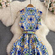 High Quality Flower Print Belted Turn-down Collar Sleeveless One-Breasted Flare Dress