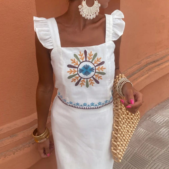 Women Vintage Printed Embroider High Waist Straight Skirt Set Elegant Backless Ruffle Pleated Tank Set Summer Lady Street Outfit