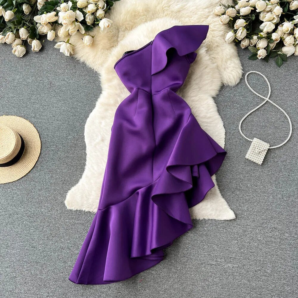 Elegant Sexy High Waist Ruffles Slash Neck Sleeveless Split Dress High Quality