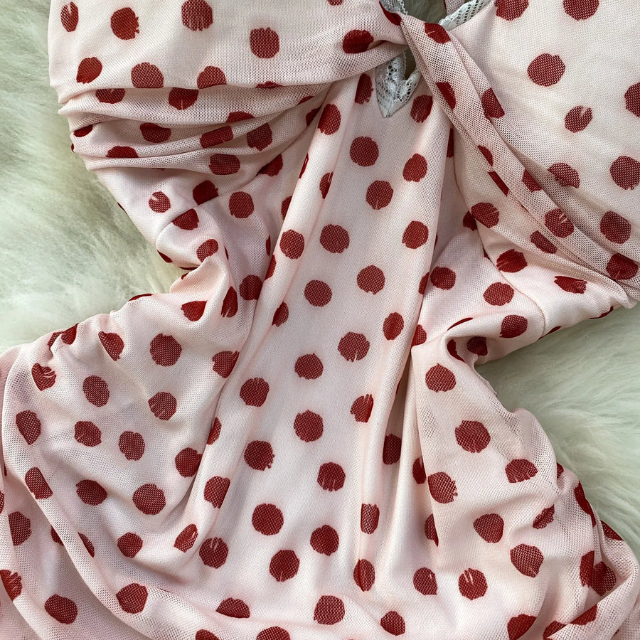 Elegant Sexy Lace Trim Knot V-Neck Halter Woman Dress Summer Ruffle Mesh Polka Dot Mini Woman Party Club Daily Streeywear Dress