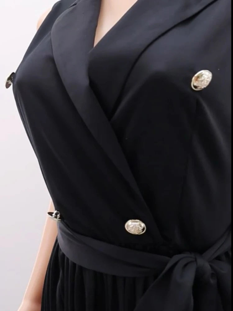 High Quality Back Notched Lapel Button Belt Wide Leg Pleated Sleeveless Jumpsuits