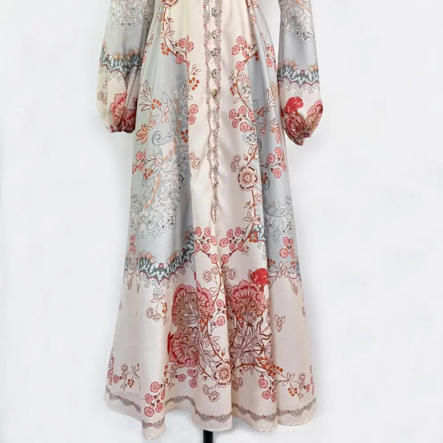 Floral print dress with long sleeves, high neck, and belt, high quality midi length