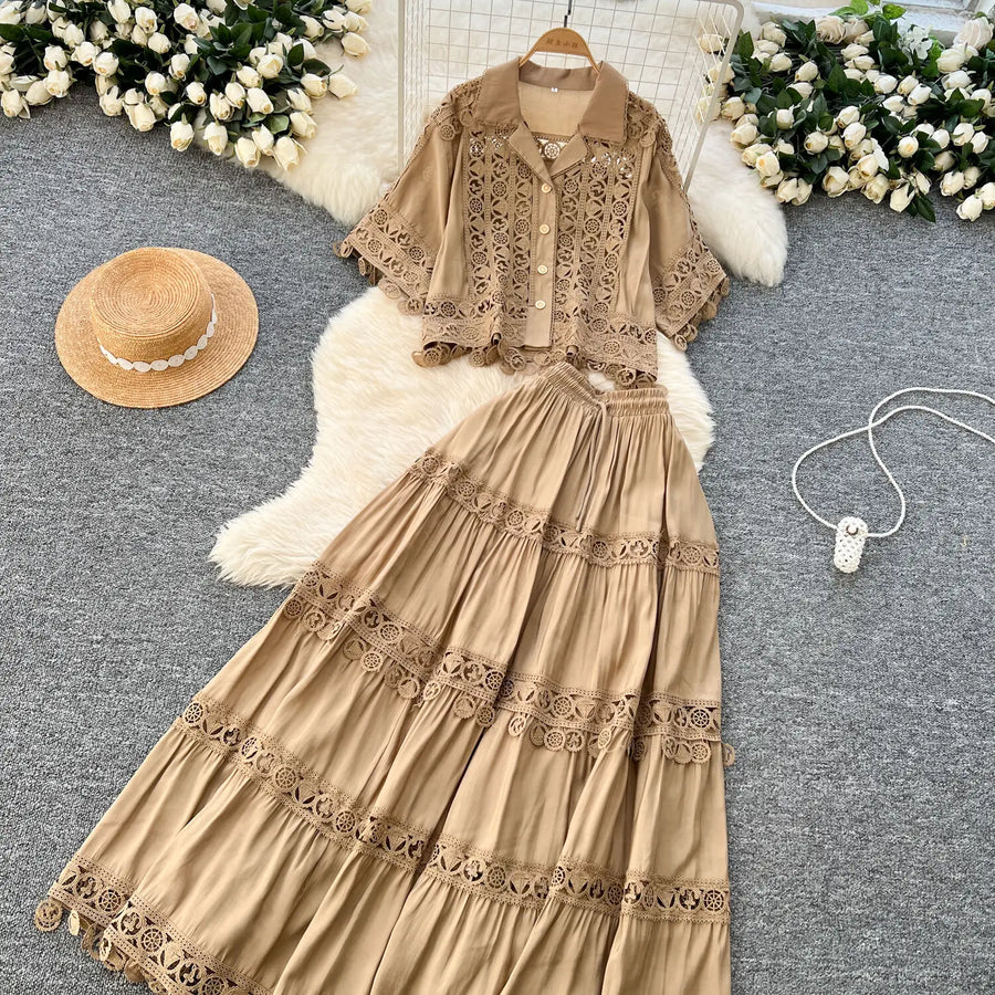 Luxury Long Dresses 2 Piece Sets Women Summer Holiday Hollow Out Crop Tops Elastic Waist Maxi Skirts Suits A Line Party Vestidos
