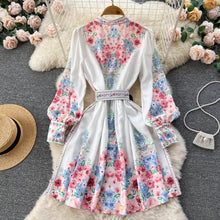 High Quality Belted High Neck Lantern Sleeves Long Floral Dress
