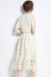 High-end embroidered lace round neck short-sleeved openwork dress