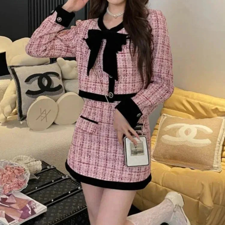 High Quality Tweed Short Jacket+Mini Skirt Two Piece Set