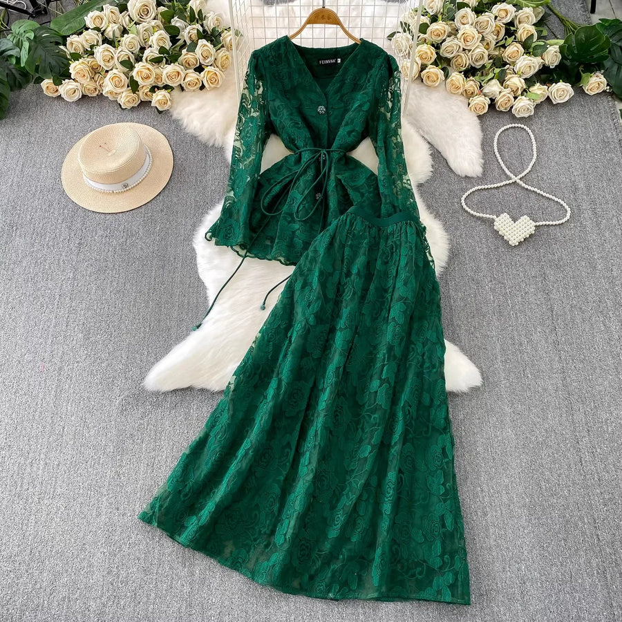 Embroidery Mesh 2 Pieces Set Women Hollow Out Sashes Shirt Tops + Elastic Waist A-Line Long Skirts Suit Autumn Ladies Outfit