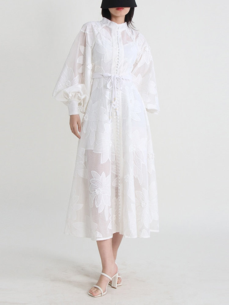 French Elegant Embroidered Round Neck Flare Sleeve Lace Up A-Line Dress High Quality