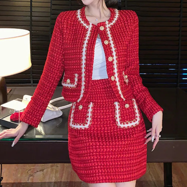 Autumn Winter Fashion Plaid Red Tweed Two Piece Set Women Pearls Single Breasted Fringed Woolen Jackets Coat + Pocket Mini Skirt