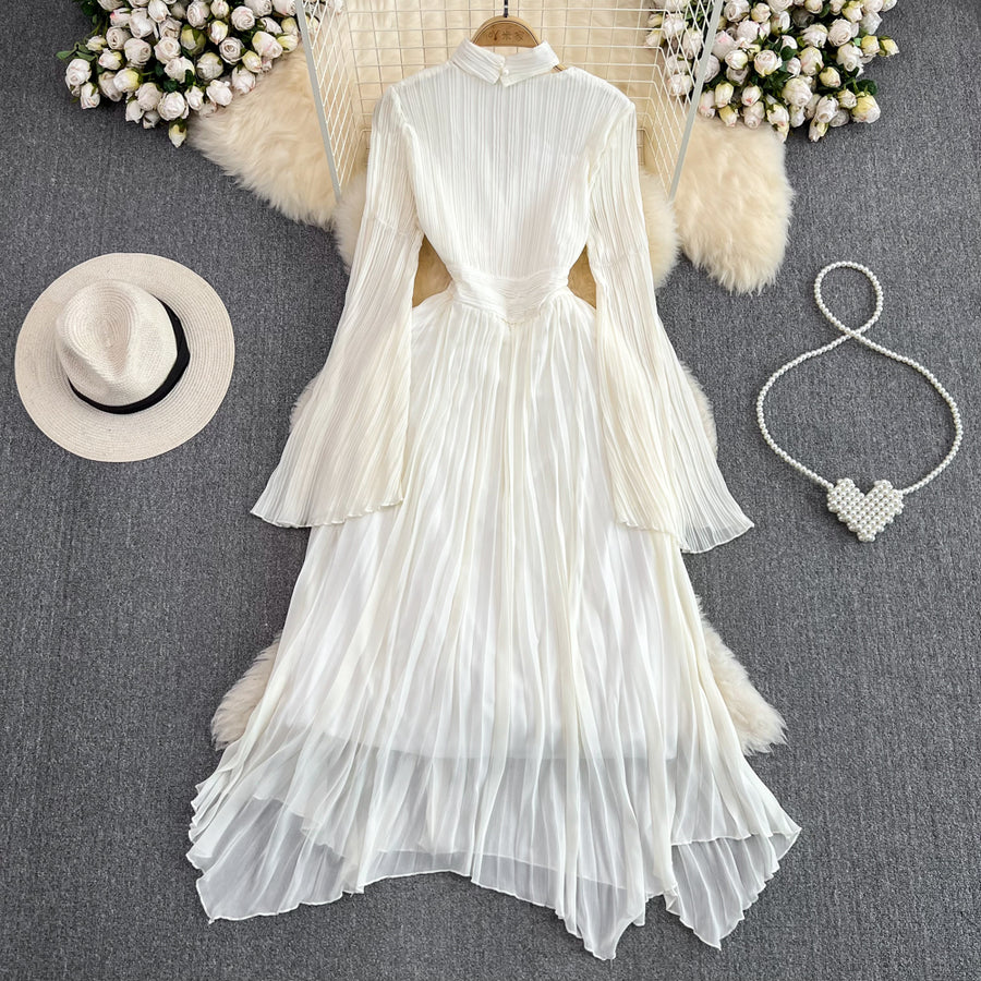 White French Elegant Flared Long Sleeve V Neck A Line High Quality Maxi Dress Apricot / L White French Elegant Flared Long Sleeve V Neck A Line High Quality Maxi Dress Apricot / L