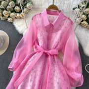 Fashion Temperament Bandage Slim Waist Dress Fairy Gauze Ruffled Long Robe Turn-down Collar Single Breasted Diamonds Vestidos