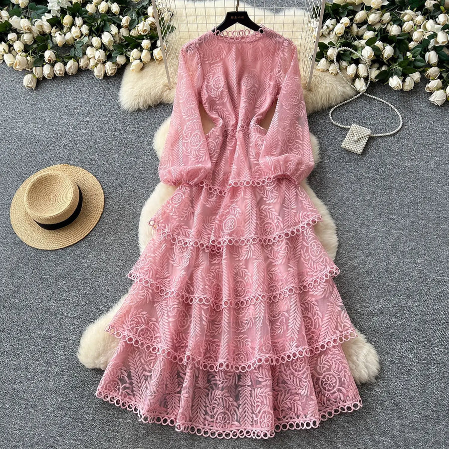 Cake Dress Women Long Dresses High Waist Vestidos Full Sleeve Elegant Splice Y2k Streetwear Work Party Night Ruffles High Waist