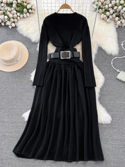 Women Elegant Office Two Piece Sets Autumn Winter Long Sleeved Standing Neck Sweater Top High Waist Slim A-line Long Skirt Suits