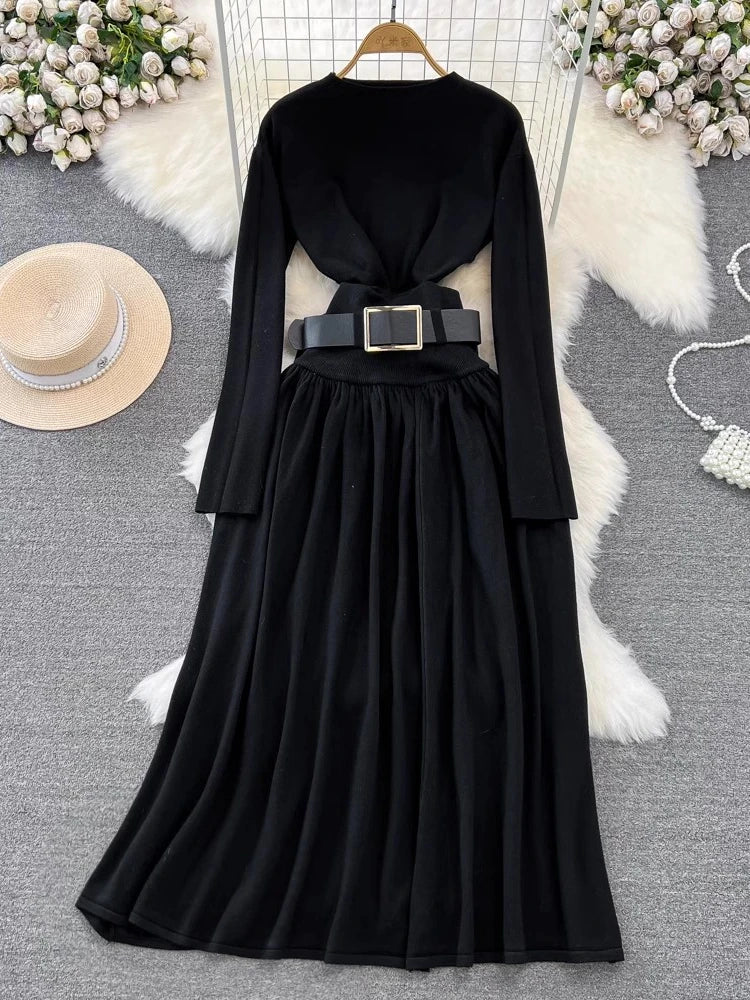 Women Elegant Office Two Piece Sets Autumn Winter Long Sleeved Standing Neck Sweater Top High Waist Slim A-line Long Skirt Suits