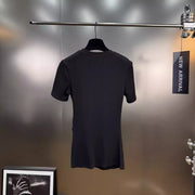 Casual plain pleated patchwork round neck short sleeve t-shirts with spliced metal buckle