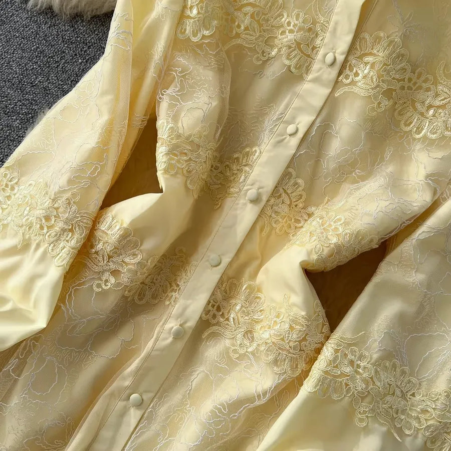 Fashion Women's Embroidery Dresses Stand Collar High Waist Lantern Sleeve Lace Spliced Long Sleeve Elegant Dress Female