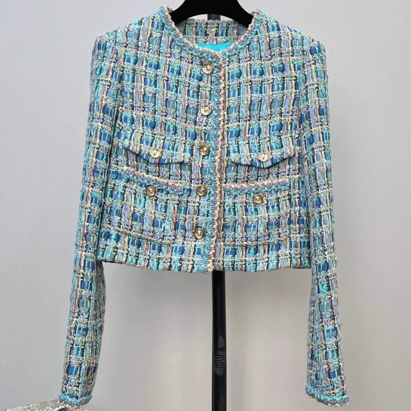 New Women Autumn Elegant French Style O-Neck Tweed Jacket Plaid Single Breasted Slim Fit Short Top Party Banquet Coat Outerwear