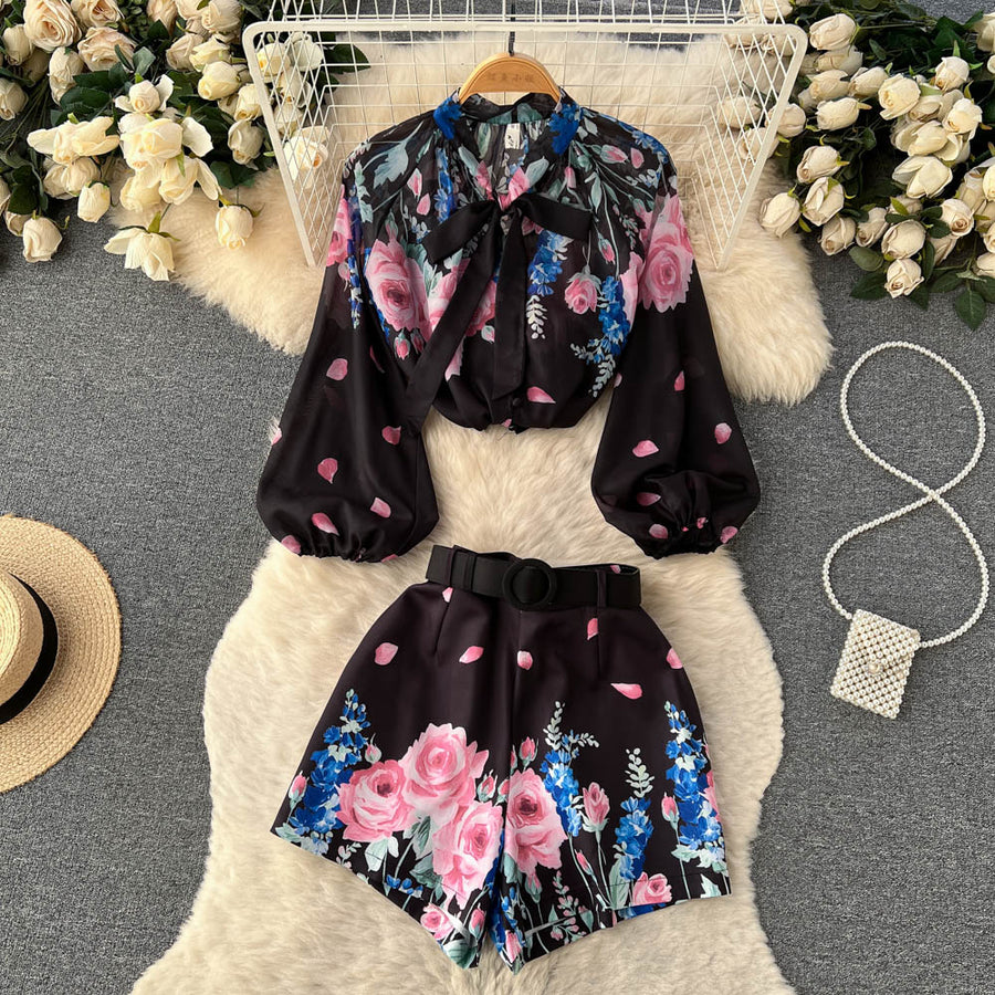 Two Piece Set Flower Print Lantern Sleeve Shirt Bow Neck Top + Belted Shorts High Quality