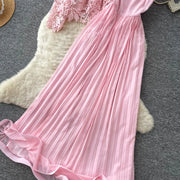 Lace Ruffle Camis Midi Dress Two Pieces Sets V Neck Top  Vintage   Tulle Pleated  Skirt   High Waist A-line Skirt Fall Sets