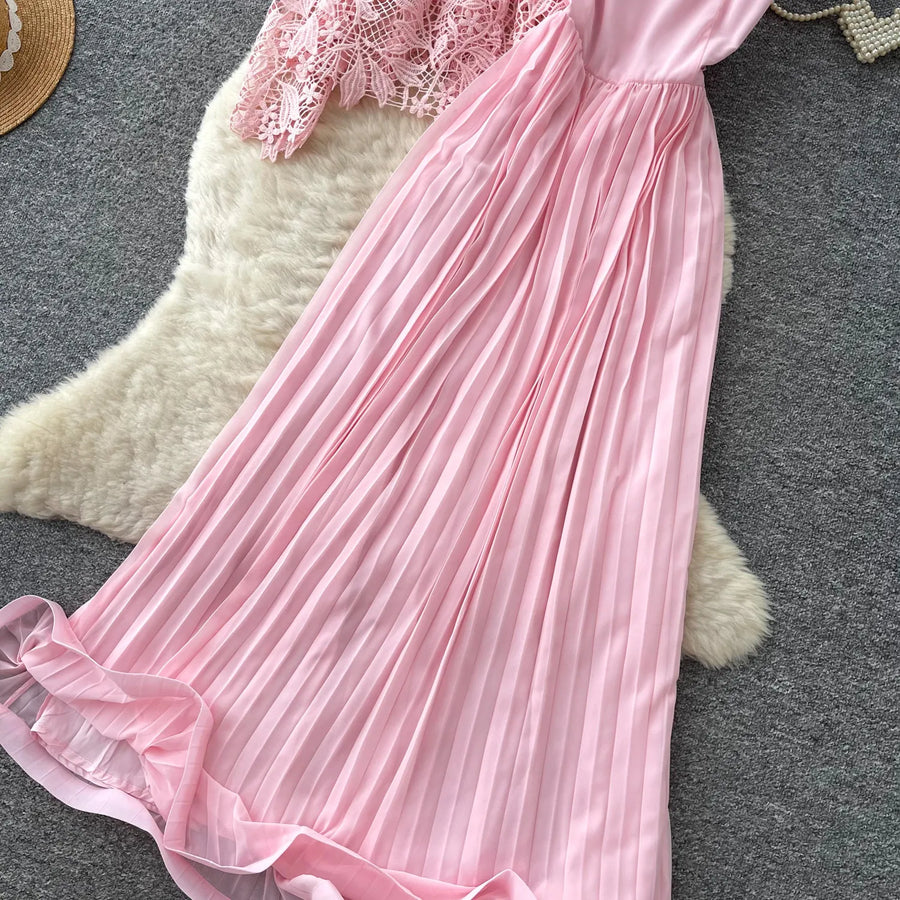 Lace Ruffle Camis Midi Dress Two Pieces Sets V Neck Top  Vintage   Tulle Pleated  Skirt   High Waist A-line Skirt Fall Sets