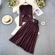 Women Elegant Office Two Piece Sets Autumn Winter Long Sleeved Standing Neck Sweater Top High Waist Slim A-line Long Skirt Suits