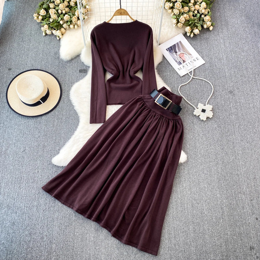 Women Elegant Office Two Piece Sets Autumn Winter Long Sleeved Standing Neck Sweater Top High Waist Slim A-line Long Skirt Suits
