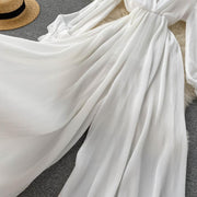 High Quality Lantern Sleeve Stretch Chiffon Wide Leg Deep V Neck Sexy Pleated Long Jumpsuit