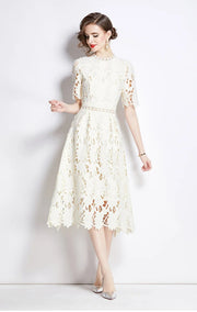 High-end embroidered lace round neck short-sleeved openwork dress