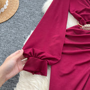 Elegant Pleated Vintage V-neck Chic Long Sleeve Slim Split Dress Korean Fashion Evening Party High Street Autumn Winter Clothing