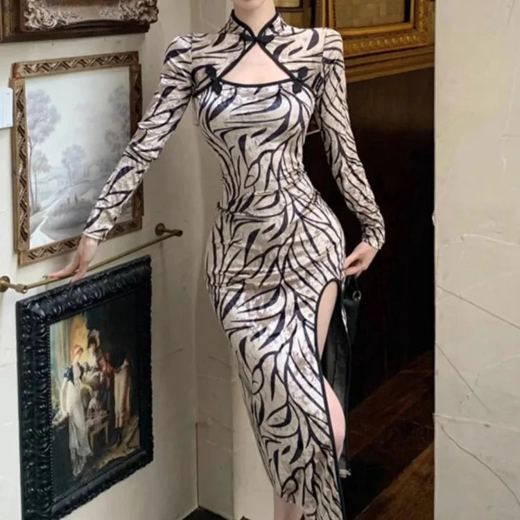 High Quality Slim Fit Long Sleeve Leopard Print Dress