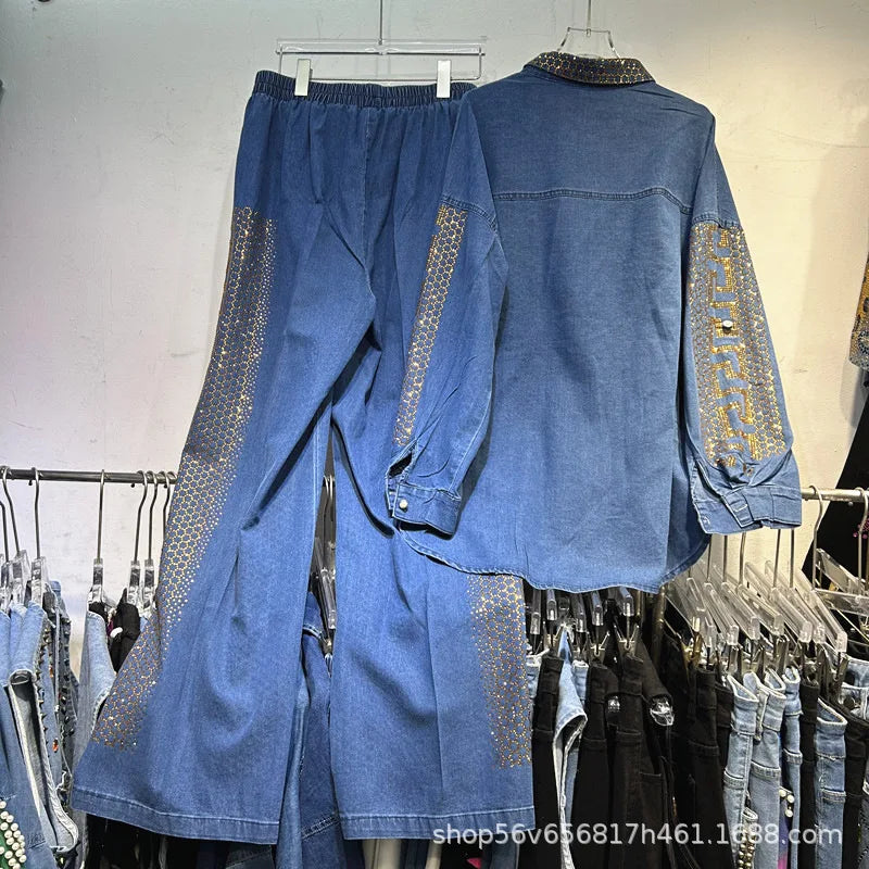 Streetwear Hot Drilling Women Denim Sets Diamonds Single-breasted Loose Long Sleeve Shirts Coat + Wide Leg Straight Jeans Suits