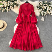 Elegant long dress with puff sleeves stand collar, ruffles, high waist high quality