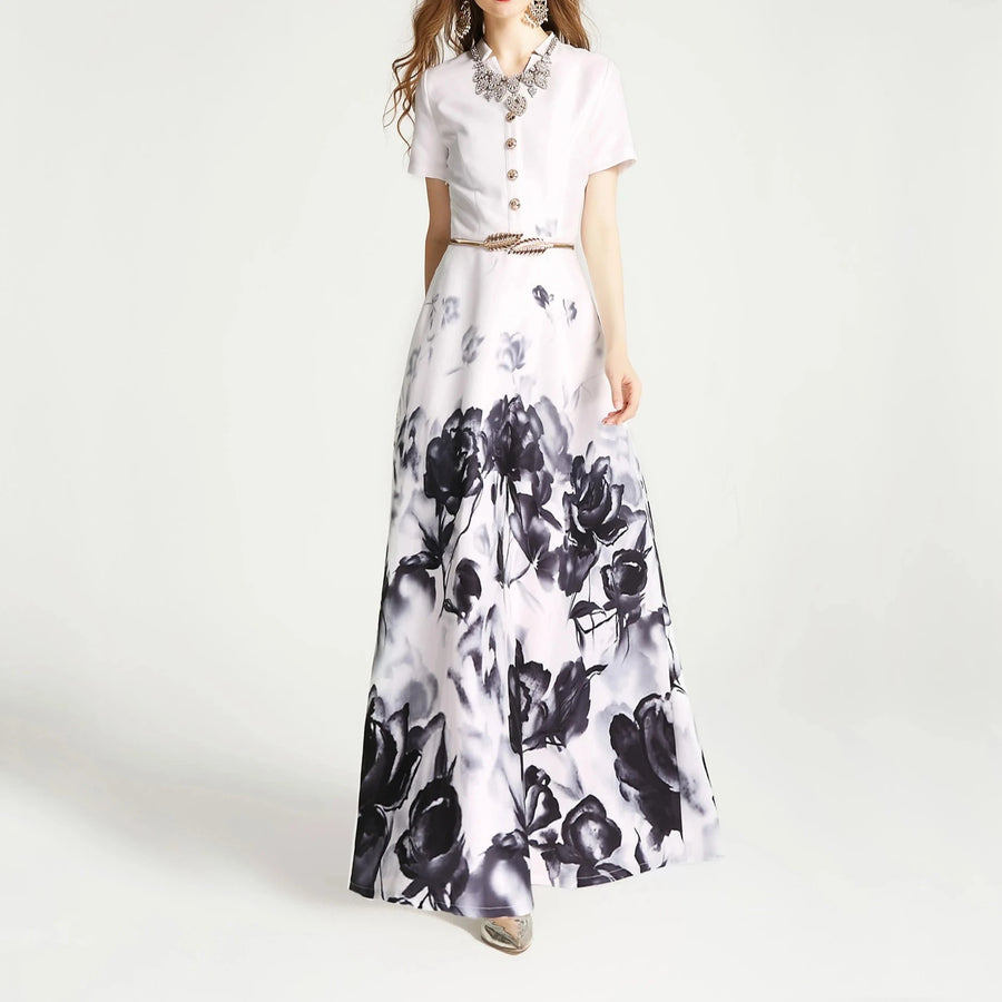 High quality slim fit elegant retro printed V-neck long dress