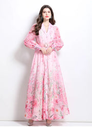 Long Dress Women Dresses Print Floral Turn Down Collar A Line Vestidos Lantern Sleeve Elegant High Waist Y2k 2025 Streetwear