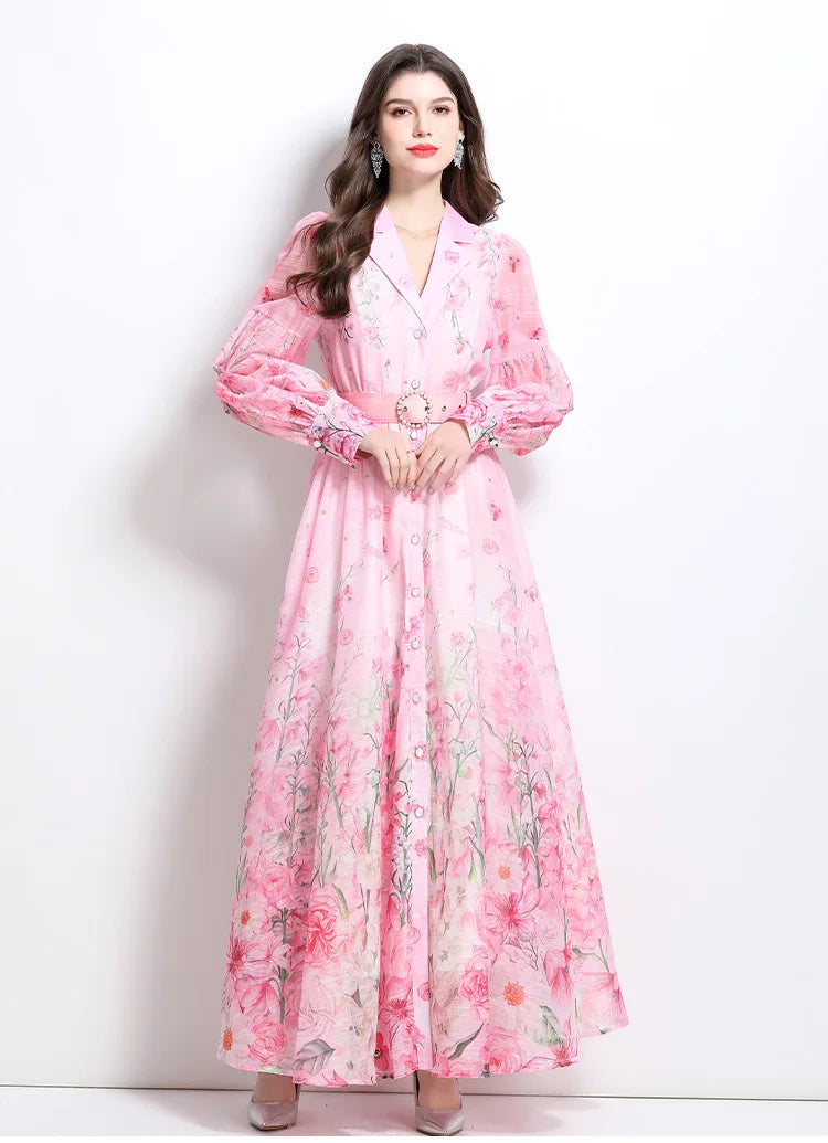 Long Dress Women Dresses Print Floral Turn Down Collar A Line Vestidos Lantern Sleeve Elegant High Waist Y2k 2025 Streetwear